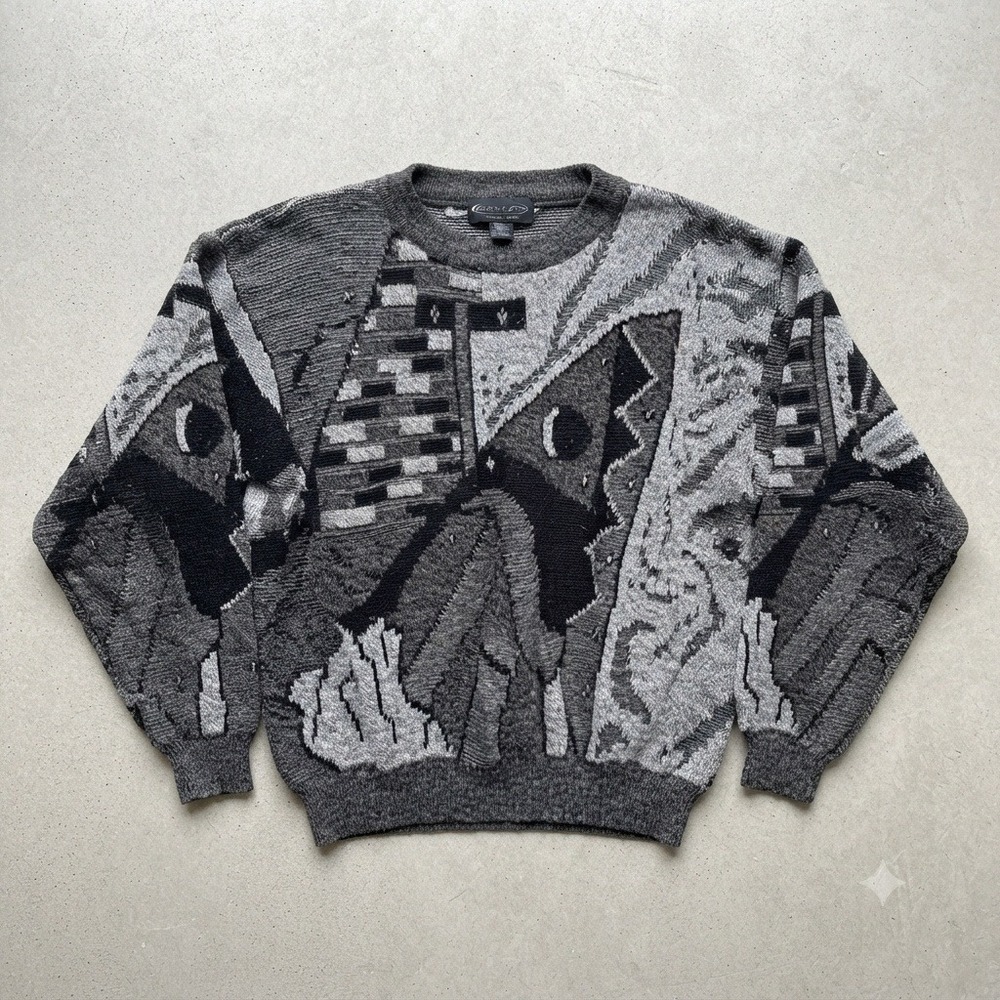 Peter England Vintage Abstract Wool Blend Knit Sweater Made In Italy Gray XL